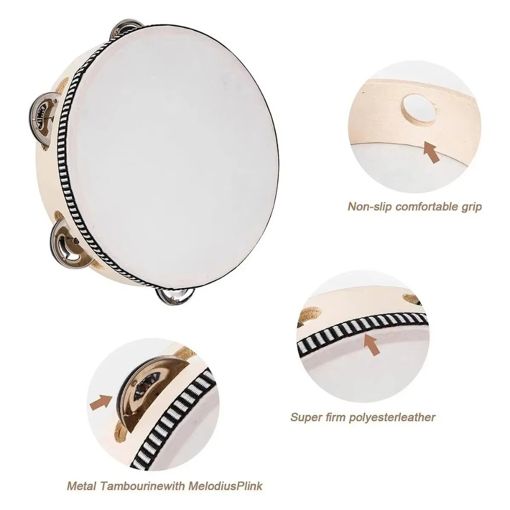 Tambourine Hand Drum - 4/6/8/10 Zoll Handtrommel Holz-Metall-Jingles Tamburin Trommel